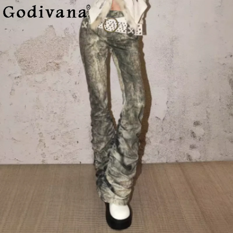 2026 Spring New Retro Punk Do Old Street Micro-flared Jeans Sexy Women Low-rise Fashion Versatile Personality Chic Trousers