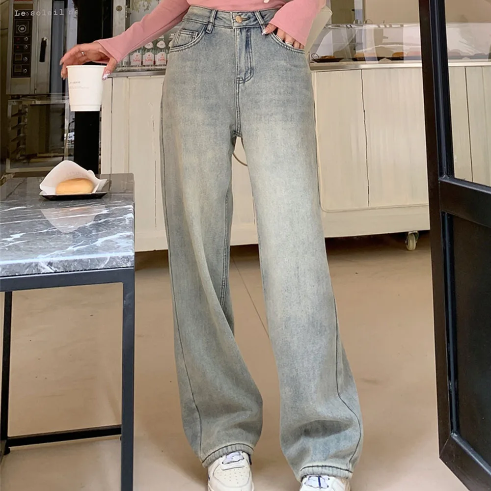 

2025 Women's Y2K Jeans Blue Fleece-Lined Denim Loose Straight Winter Drag Pants 2315