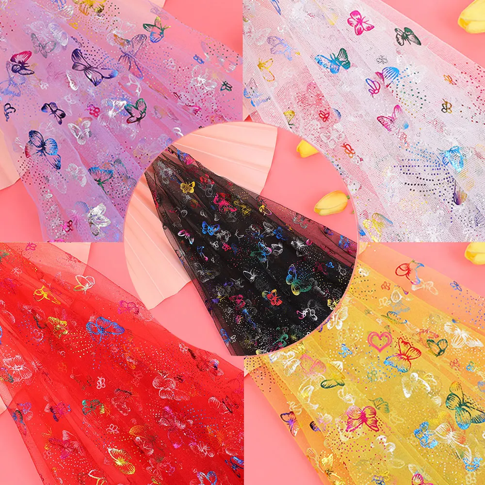 Gradient Rainbow Butterfly Printed Tulle Mesh 59x39in Glitter Bronzing Fabric for Bridal Gowns Party Decor & DIY Sewing Projects
