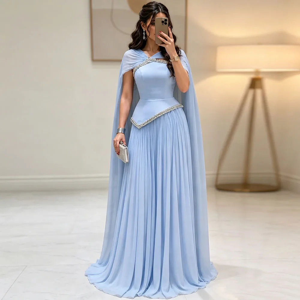 Eightale Hellblaue Abendkleider für Hochzeiten, Falten, Chiffon, Perlen, muslimisches Korsett, maßgeschneidertes A-Linien-Abschlussballkleid