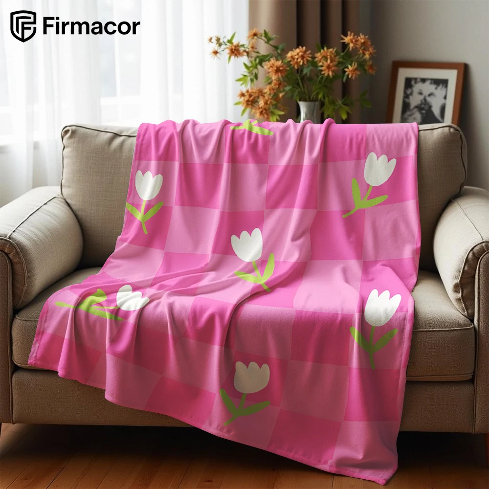 Pink Check Tulip Soft Flannel Blanket Breathable Warm Throw for Office Car Sofa Kids Room Birthday Xmas Gift