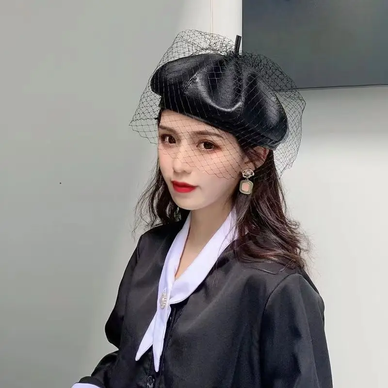 Fascinating Black Hat Chic Leather French Beret With Veil Mesh Show Double Layer Women Beret Beanies Cap