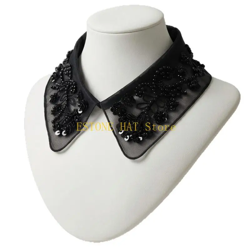 49MF Women Black Sheer Layered Collar Necklace With Beadwork Pearls Decorative Collar Neckpiece For Formal And Casual Wear