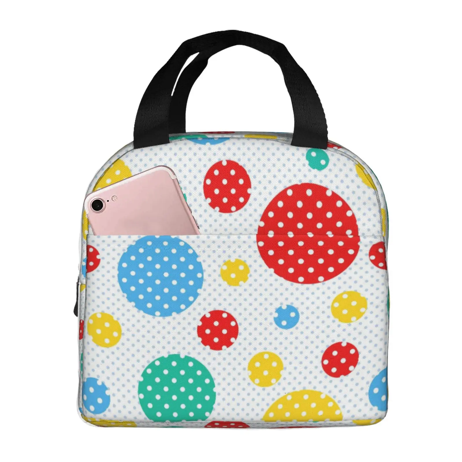 Lunchtasche mit Regenbogen-Polka-Dots-Aufdruck für Mädchen, lustige Lunchbox, lustige Picknick-Kühltasche, tragbar, mit Reißverschluss, Oxford-Thermo-Lunch-Taschen