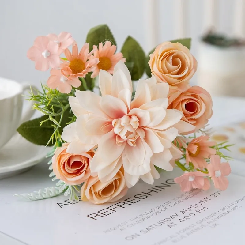 1/5PCS Dahlie Kleine Rosen Kombination Künstliche Blumen Festival Girlande Hochzeit Hause Balkon Dekoration Fotografie Requisiten Diy – Detail 7