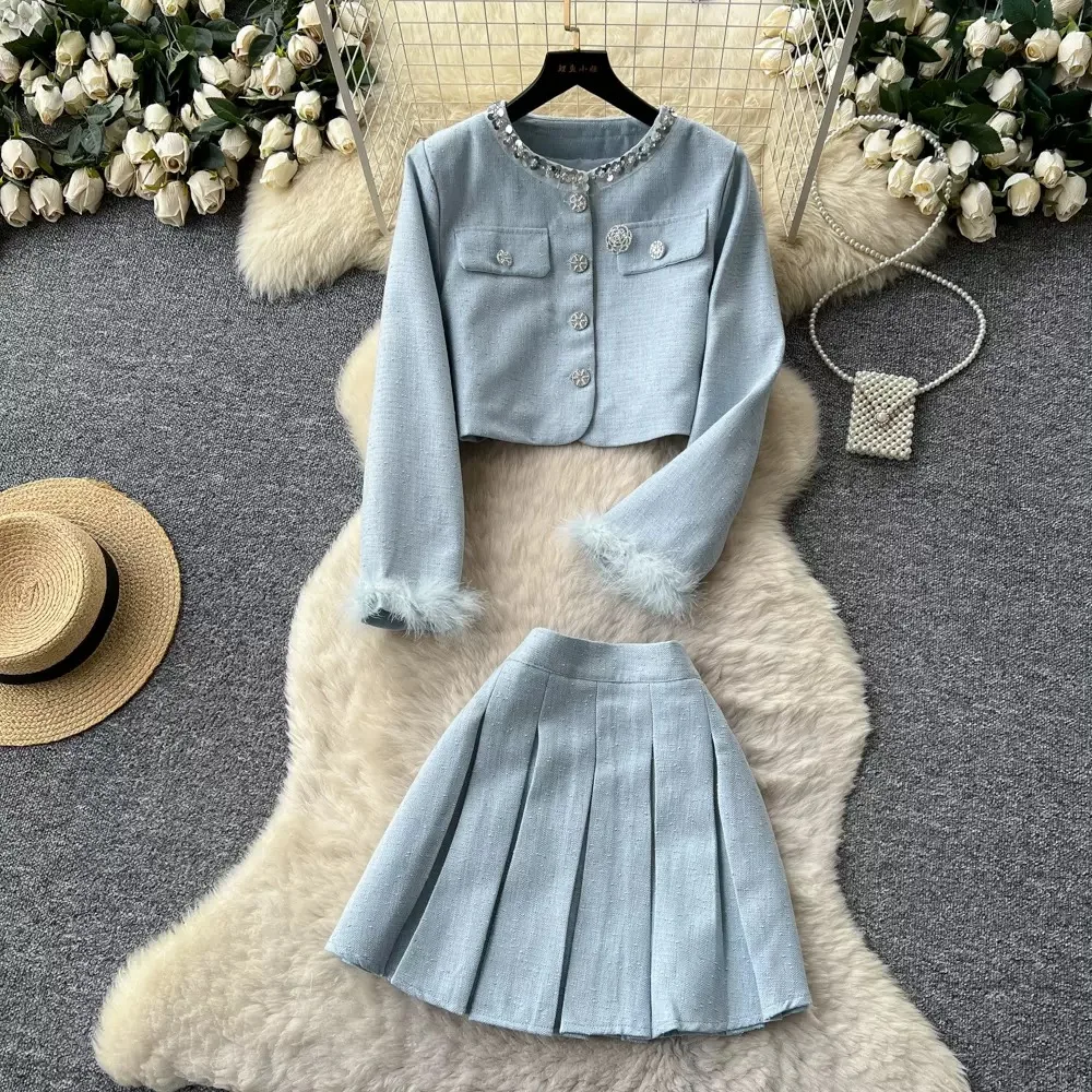 2024 Winter New Elegant Women's  Arrival Pearls Buttons Feathers Sleeve Cuff Tweed Jacket Short Pleated Skirt 2Piece Set Outfits