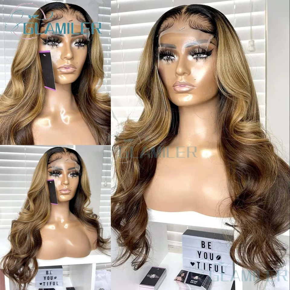 Highlight Human Hair Wig Body Wave 13x6 HD Lace Frontal Wig Highlight Brown Blonde #4/27 Glueless 13x4 Silk Top Lace Front Wig