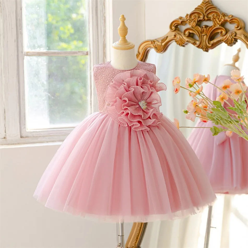 Girls Pink 3D Flower Sequin Tulle Princess Dress Kids Wedding Flower Girl Gown Birthday Recital Formal Portrait Outfit ASQ03