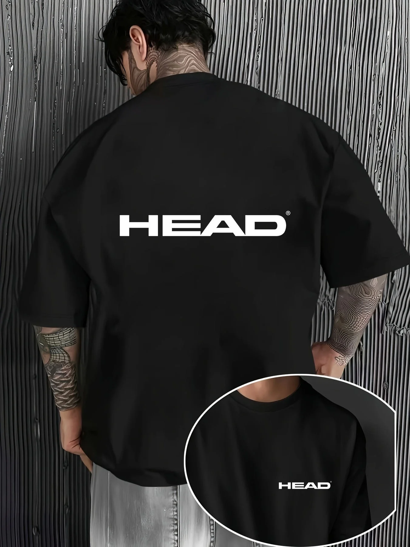 HEAD Men  Short Sleeve T‑Shirt Front & Back Logo Print Crew Neck Loose Drop‑Shoulder Tee Street Sports Top For Daily Workout