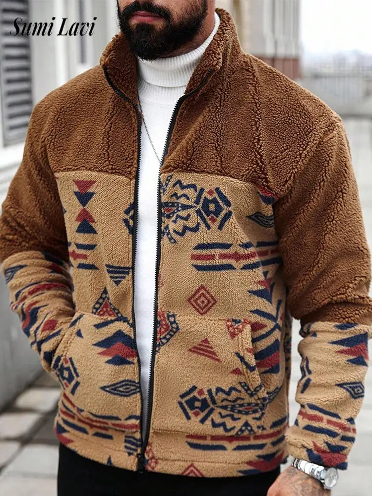Daily Casual Zipper Coats Mens Trendy Contrast Color Patchwork Long Sleeve Outerwear Men Autumn Winter Warm Stand Collar Jackets