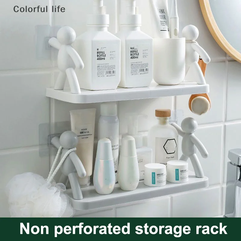 

1pc Self-Adhesive Cartoon Figures Supported Plastic Shelf, No-Drill Bathroom Storage Rack, Kitchen Organizer For Spice Jars