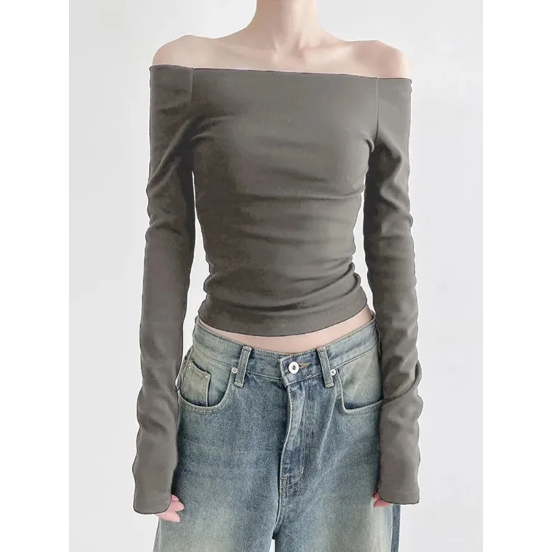 Solid Slash Neck Elegant Long Women Sleeve Tops  Fashion Slim Sexy Cropped T Shirt Women Fall Clothing