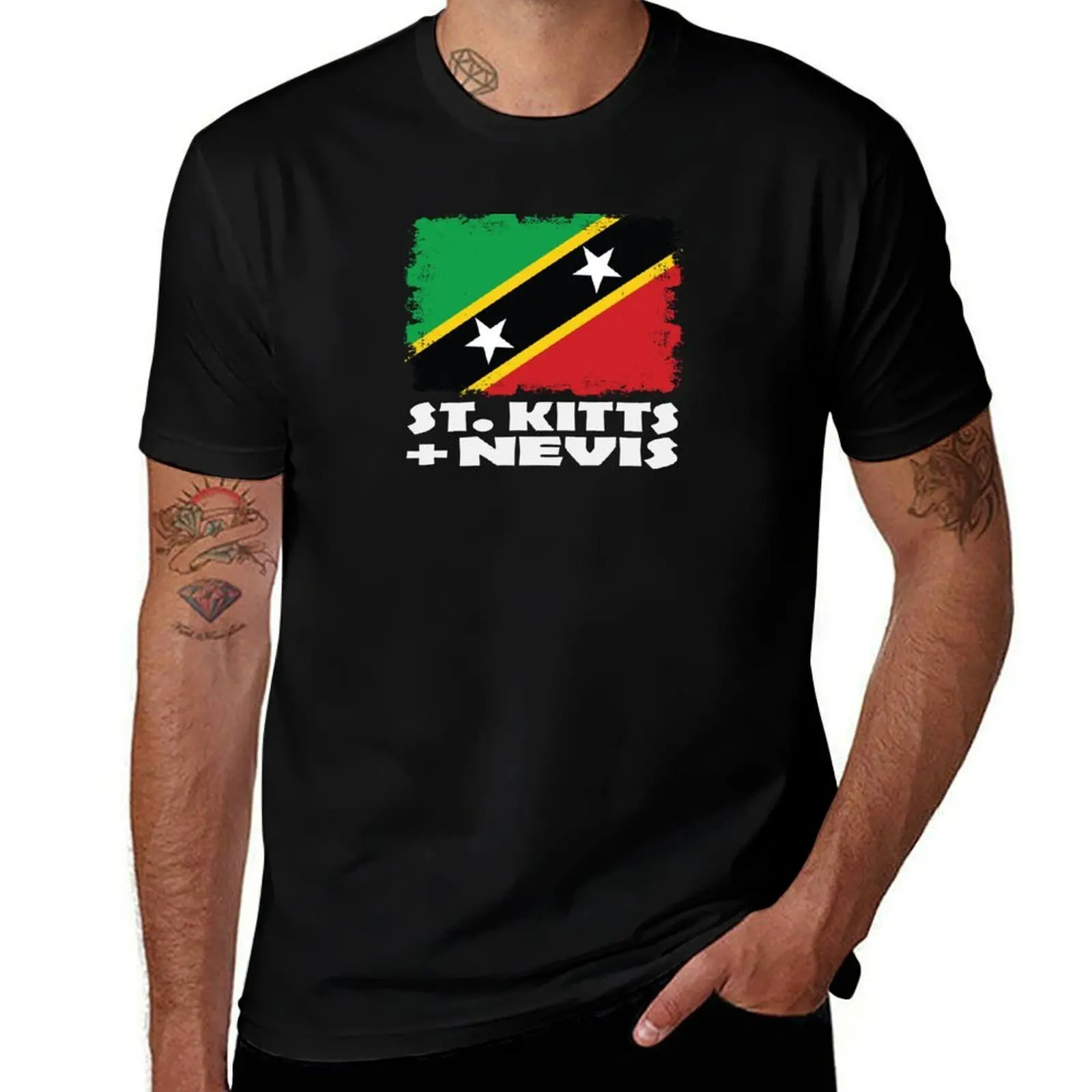 St Kitts and Nevis National Flag Distress T-Shirt Large Size Basic Casual T-Shirt