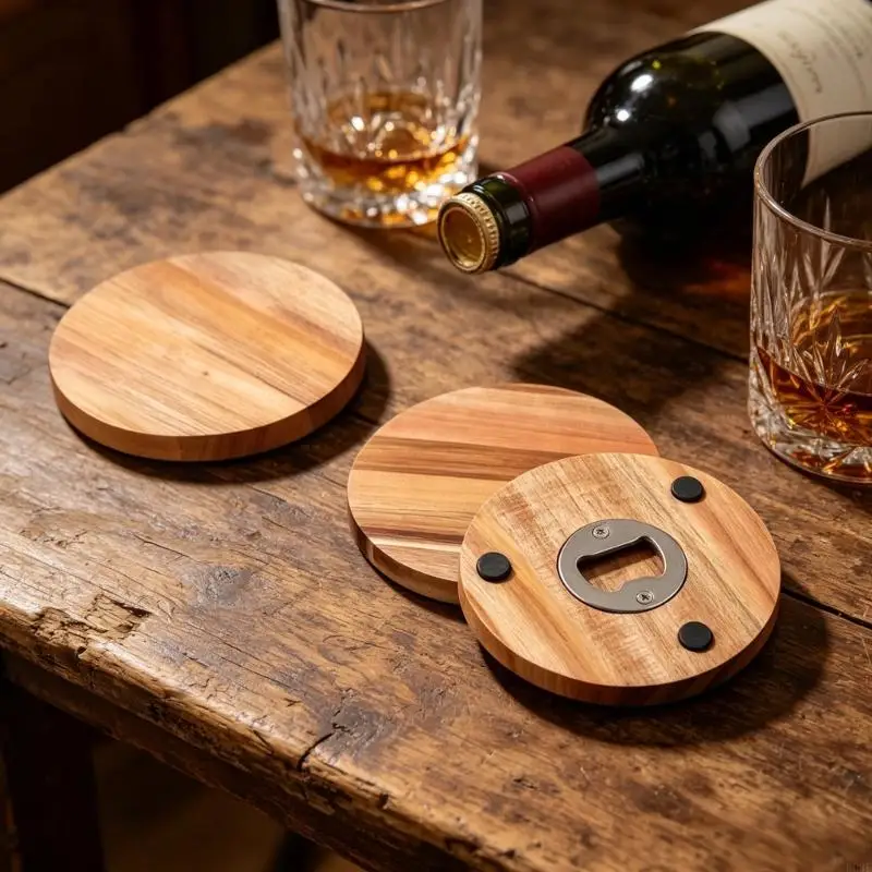 Holzuntersetzer mit Lagerregal, Flaschenöffner für Bier und Getränkebecher, Matte für Zuhause, Küche, Büro und Außenbereich B03E – Detail 8