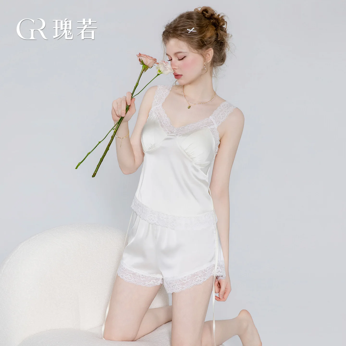 Sexy V-neck Top With Chest Pads Satin Lace Waist-cinching Tie-up Top And Shorts Two-piece Home Set Casual Pure Desire Charm QC3X - view 4