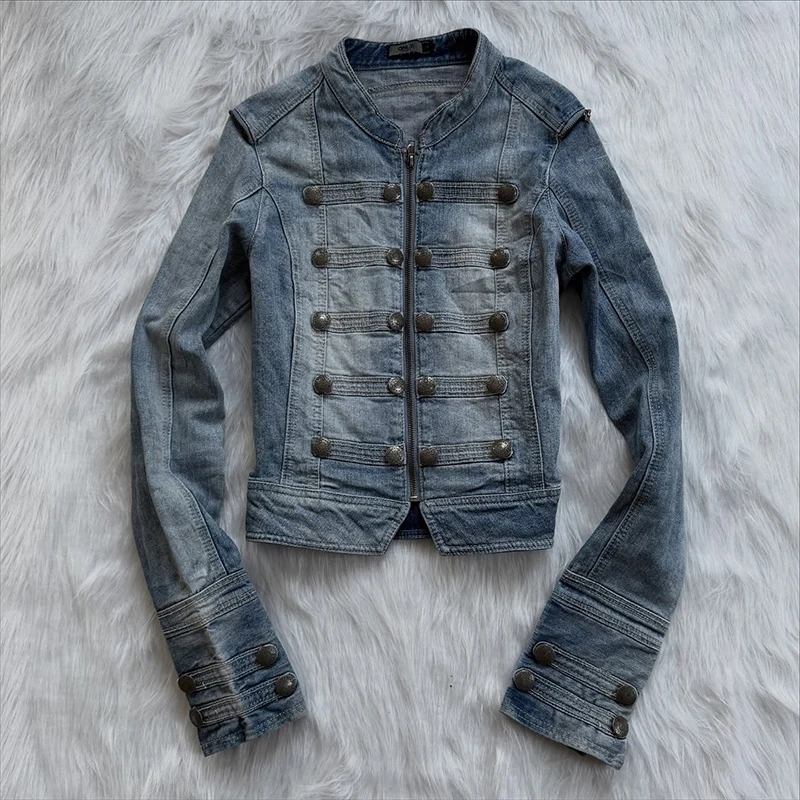 Chaqueta de mezclilla estilo militar con cuello alto y botones, lavado claro, para hombre/mujer, estilo urbano, nueva llegada 2026