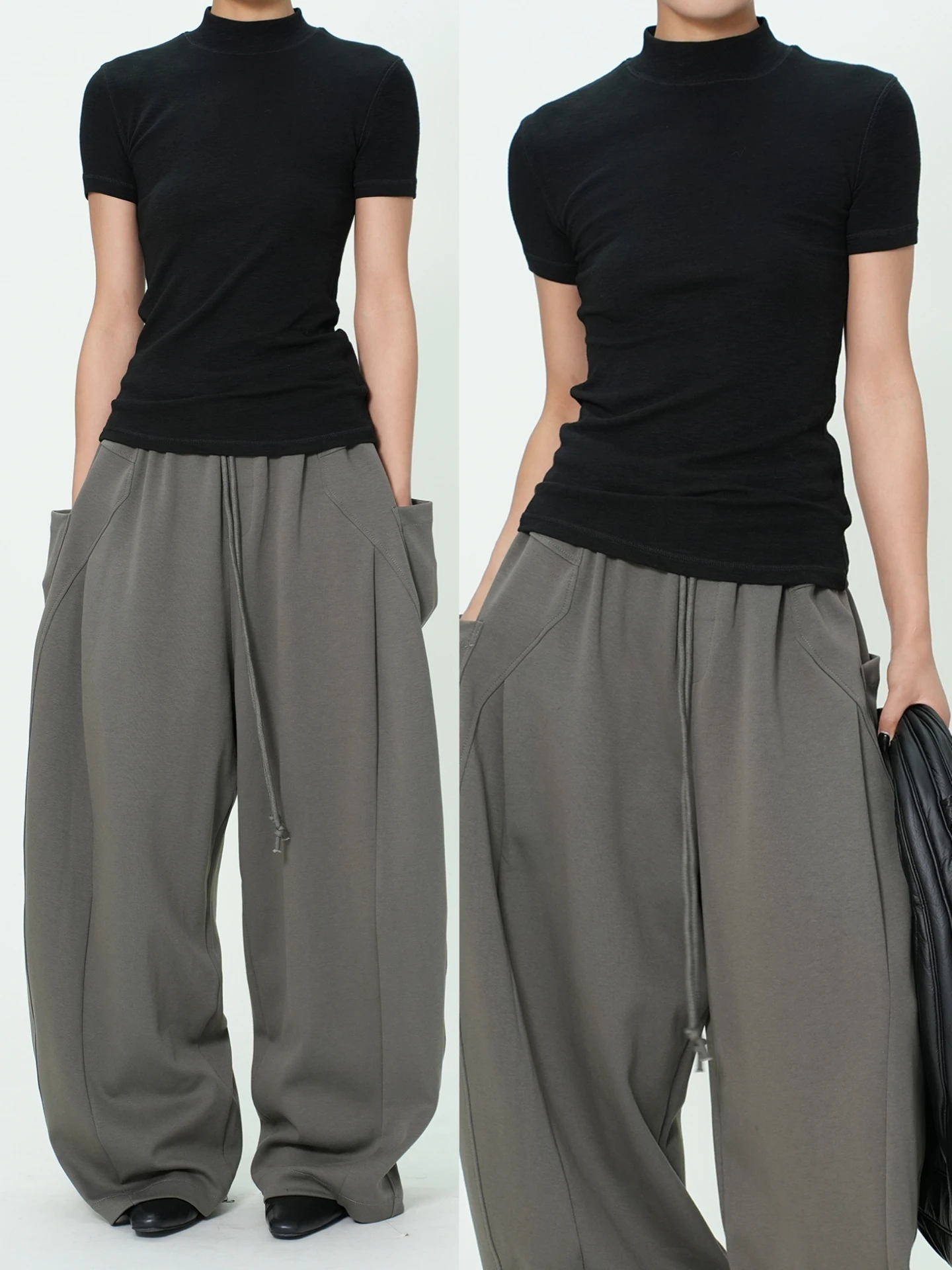 

Элегантная женская футболка из бамбукового волокна с высоким воротником, черная, с минималистичной текстурой, универсальная, повседневная, для города, премиум-класса, с коротким рукавом