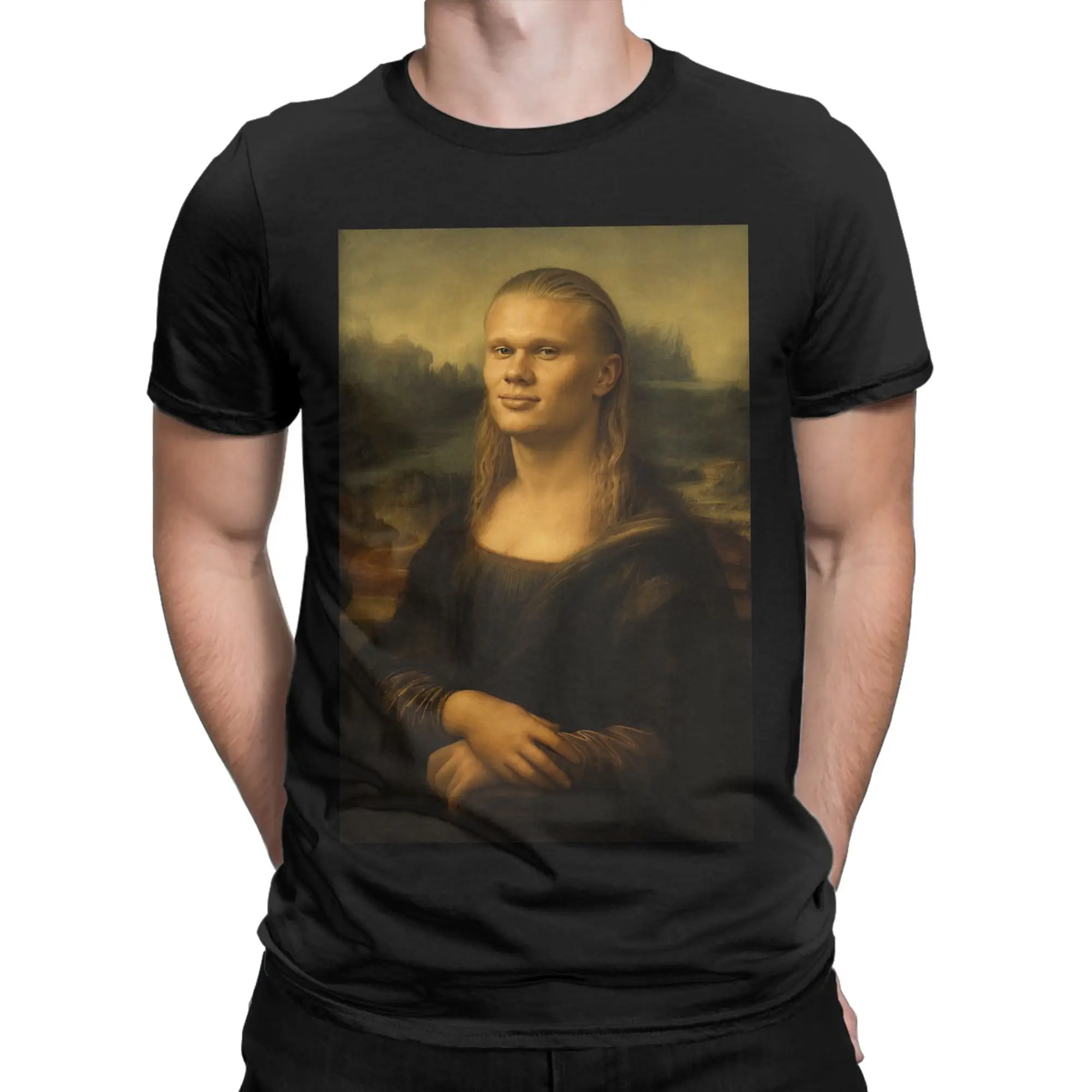 Streetwear H-Haalands Mona Lisa Meme  T-Shirt Men's O-neck Short Sleeve Tops  Cotton Summer Top Tee