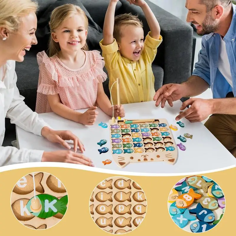 Magnetisches Angelspiel aus Holz, magnetisches Fisch-Alphabet-Spiel, interaktives Spielzeug für Feinmotorik mit 2-poligen Fischfangspiel für