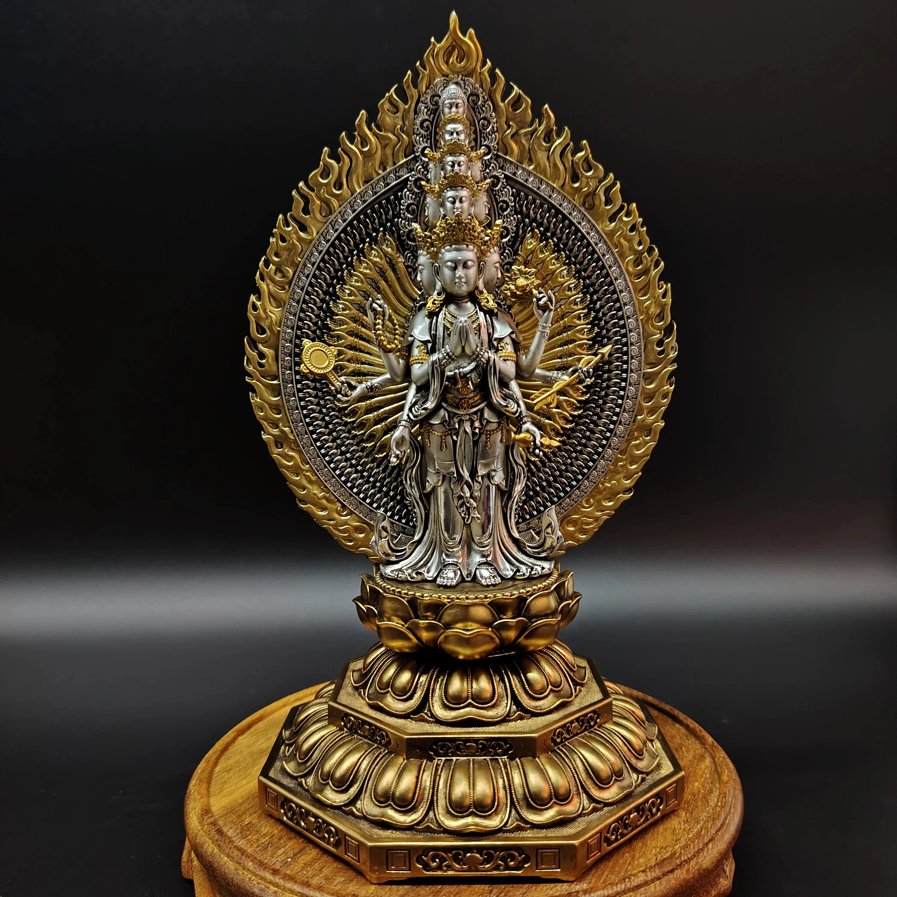 Tibetan Pure Copper Silver-Plated Standing Thousand-Armed Guanyin Statue 23cm Desktop Altar Blessing