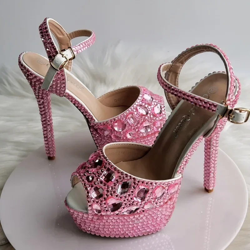 Fashion Women\'s Sandals Round Toe Rhinestone Buckle Strap Platform 14CM Thin Heels Fashion Dress Sandals Shoes For Women Purple