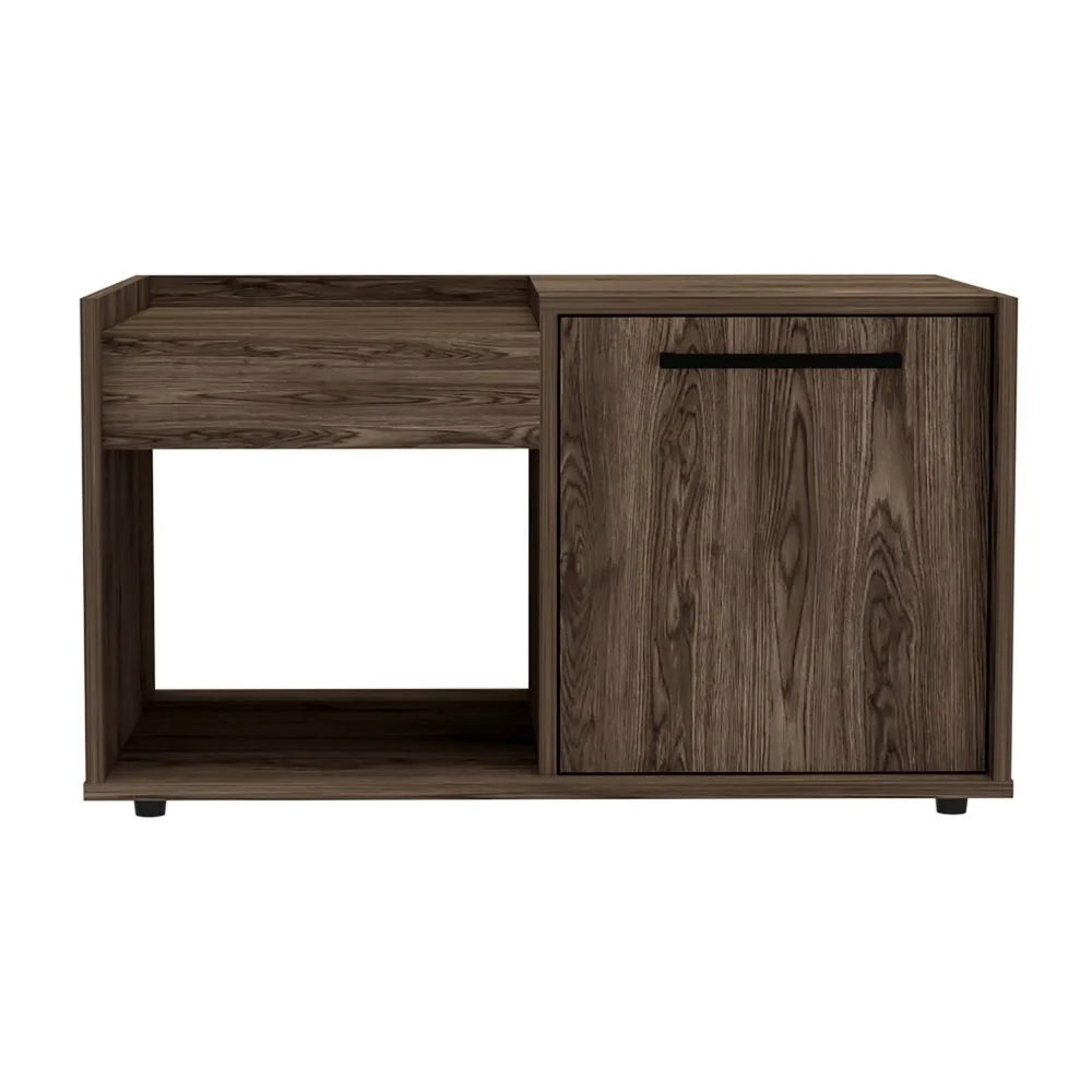 Coffee Table One Open Shelf Single Door Cabinet Dark Walnut
