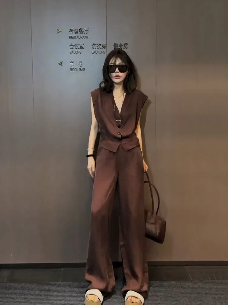 

2025 Summer New Fashion Set Women's Korean Edition Sleeveless Tank Top Wide Leg Pants Loose Casual Trendy Two Piece Set