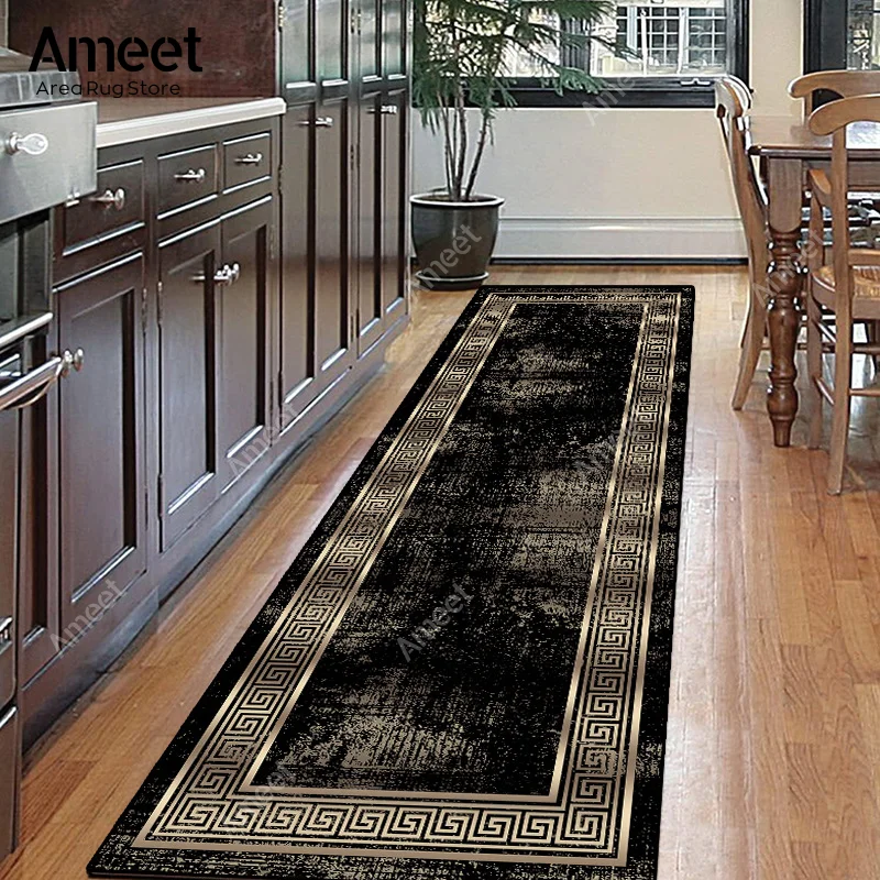 พรมทางเดินยาวพรมปูพื้นสีดำทองหรูหราทันสมัยพรมตกแต่งห้องโถงทางเข้าห้องนอนห้องครัว