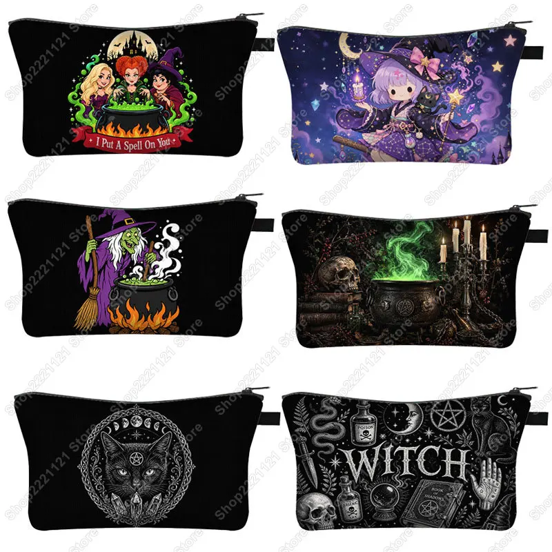 Gothic Witch and Black Cat Graphic Cosmetic Case Witchy Women Makeup Bag Pentagram Witchcraft Symbols Toiletries Bags for Travel