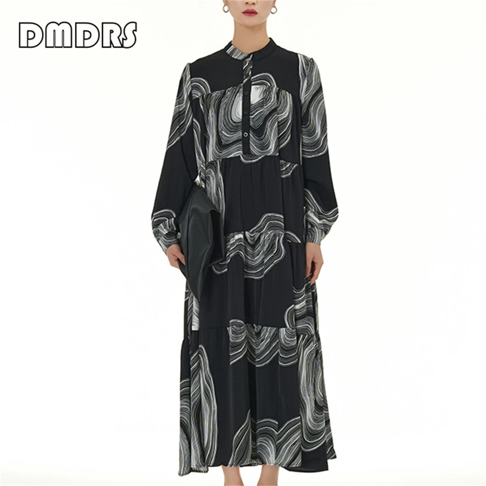 

Black Printed Swing Women Dress Long Sleeves Shirt Skirt 2024 Spring Summer Dresses Bohemian Beach Style Robe De Soriee