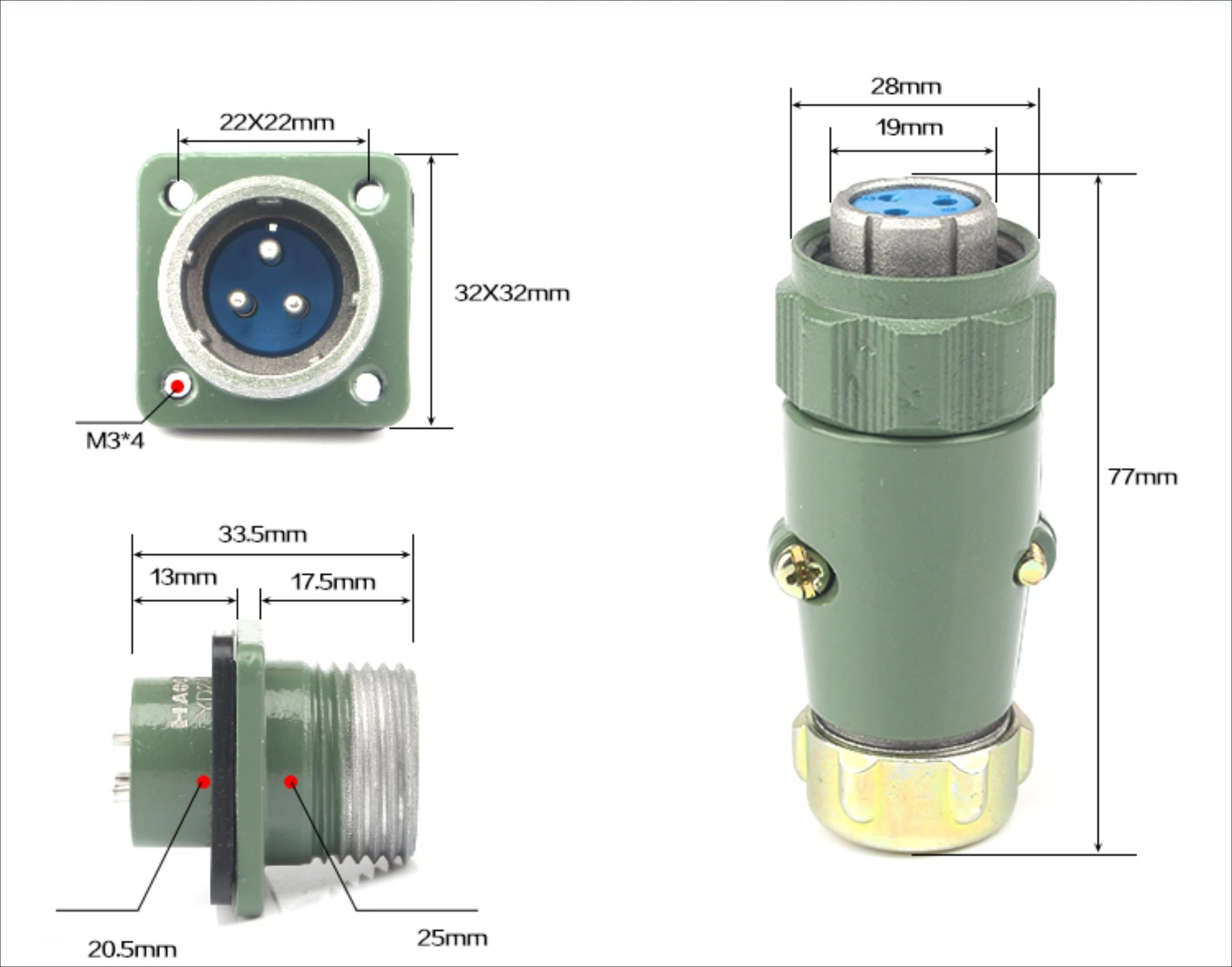YD20 Series Connector, 3/4/5/7 Pin Straight & Angled Mating Connector, Reversible Mount Plug and Socket