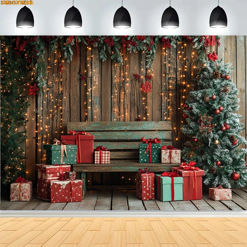

Christmas Day Wreath Family New Year Party Photography Backdrops Prop Window Living Room Xmas Tree Gift Snow Background WD-28
