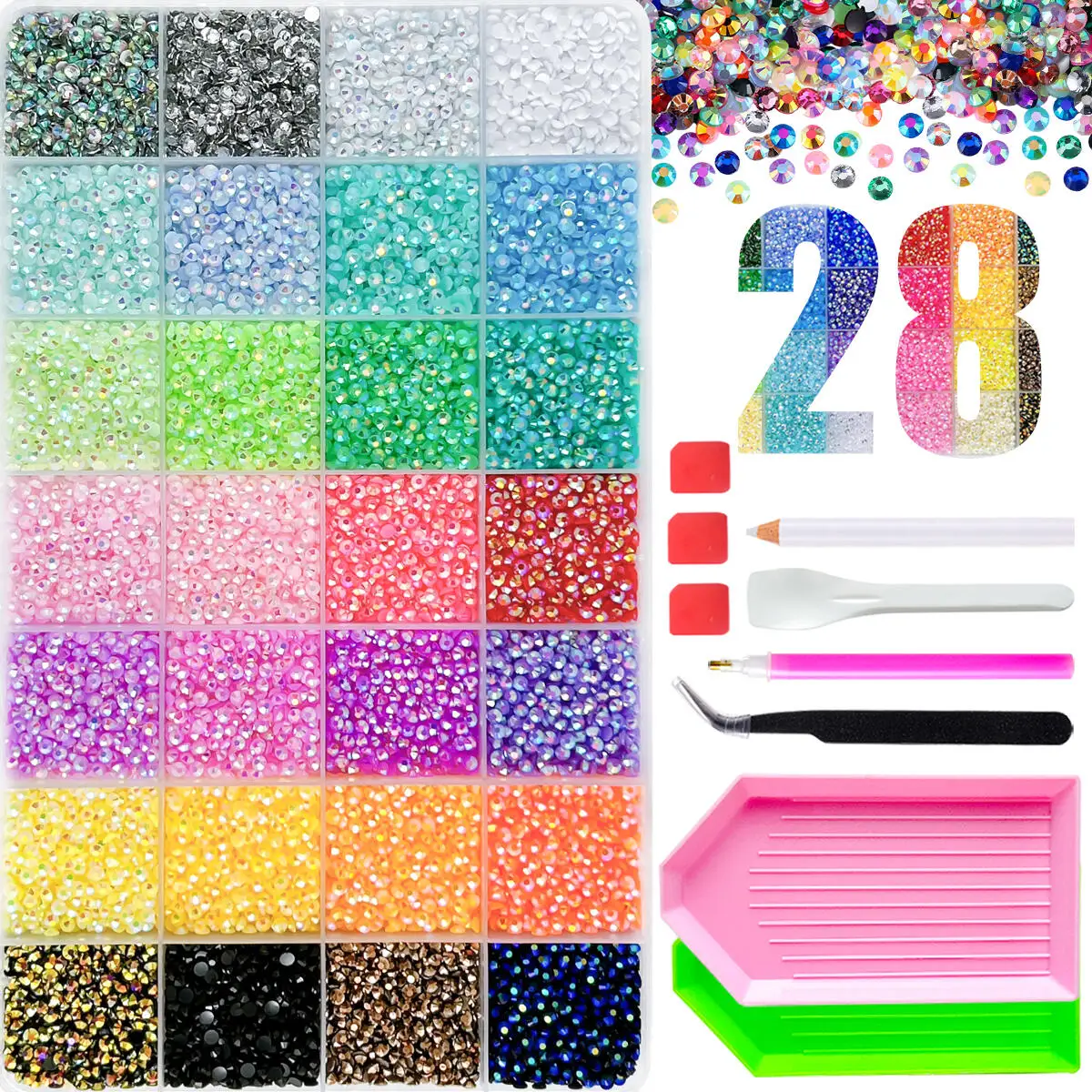1Box AB Bling Colorful Nail Rhinestones Bedazzling Kit 28 Colors-3mm Flatback Semi-circular Nail Art Accessories DIY Nails Parts