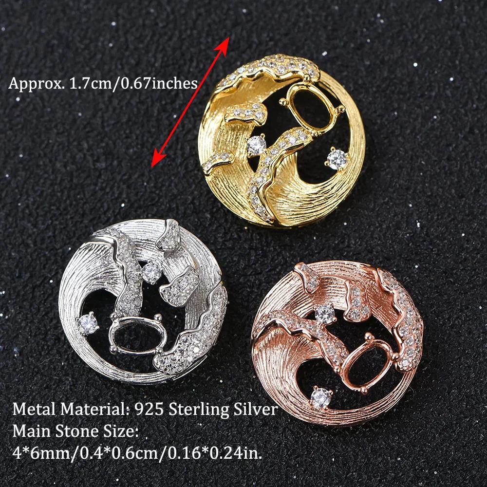 4x6mm stone Pendant with 3D Wave Design, S925 Sterling Silver Empty Bezel Setting for DIY Jewelry Making