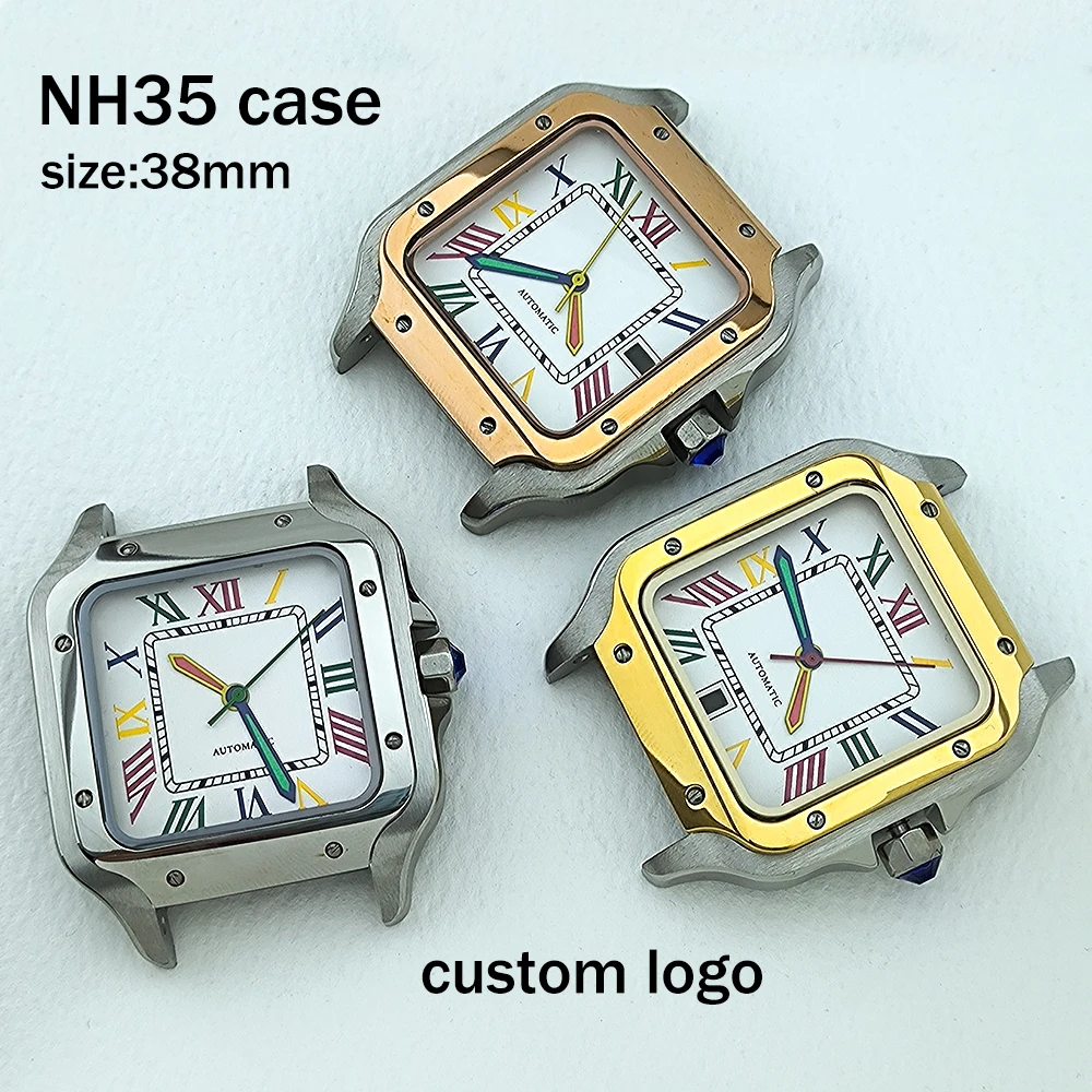 Square stainless steel case NH35 case 38mm men's watch accessories custom LOGO dial suitable for NH35 mechanical watches