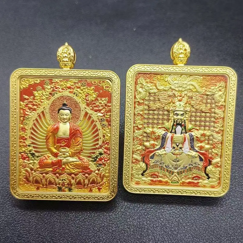 قلادة Tangka التبتية على الوجهين مجسمة Wuye Manjusri Tangka مرسومة باليد من الذهب الأسود ثمانية حراس قلادة محمولة