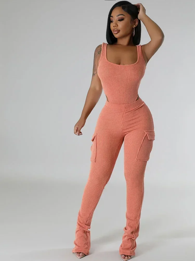 Knitted Ribbed Two Piece Set for Women Sporty Fitness Slim Casual Tank Bodysuit Top and Cargo Pants Workout Sets Tracksuit Gym