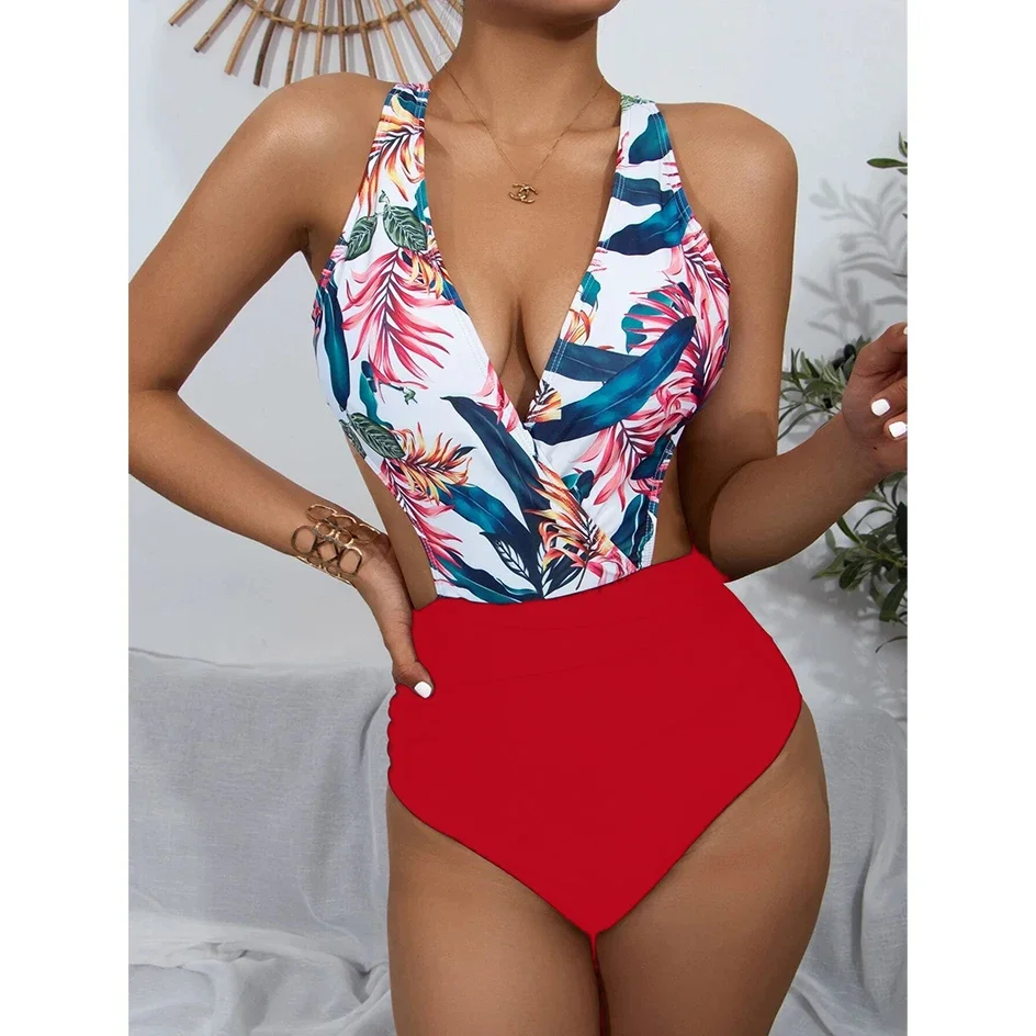 Bañador Sexy de una pieza con cuello Halter para mujer, traje de baño femenino de cintura alta, Bikini de retazos para nadar, Monokini para mujer 2023