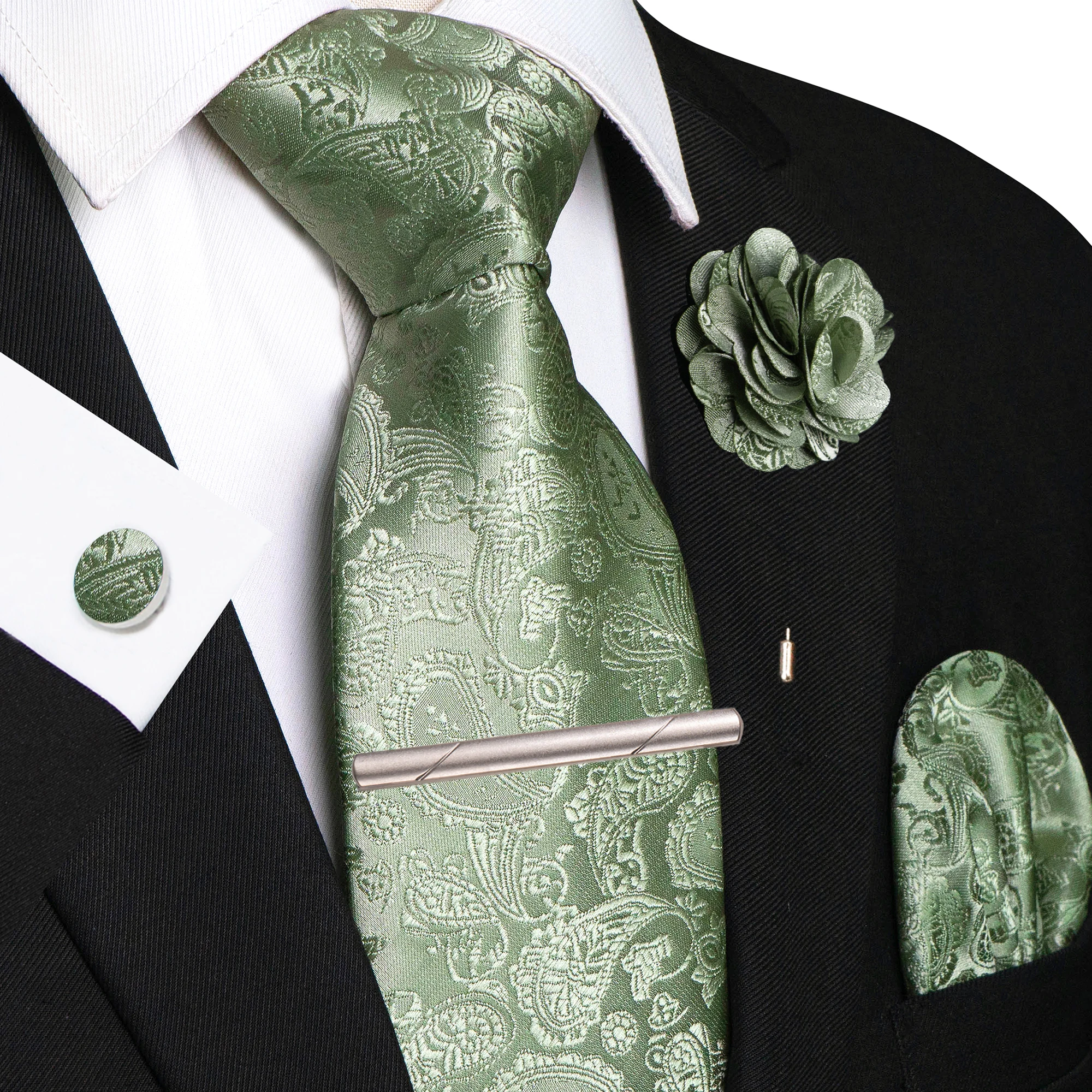 Champagnerfarbene Seidenkrawatte mit Blumen-Paisley-Muster für Herren, Bräutigam, Hochzeit, Herrenkrawatte, Einstecktuch, Manschettenknöpfe, Brosche, Krawattenklammer, Accessoire – Detail 3