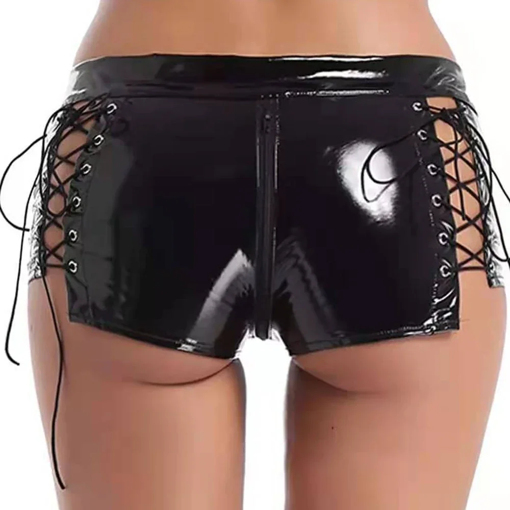 Frauen Mini Micro Gothic Pu Leder Shorts Bandage schwarz sexy Mode schlanke Reiß verschluss kurze Hosen Schnürung Hot pants Goth Casual Shorts