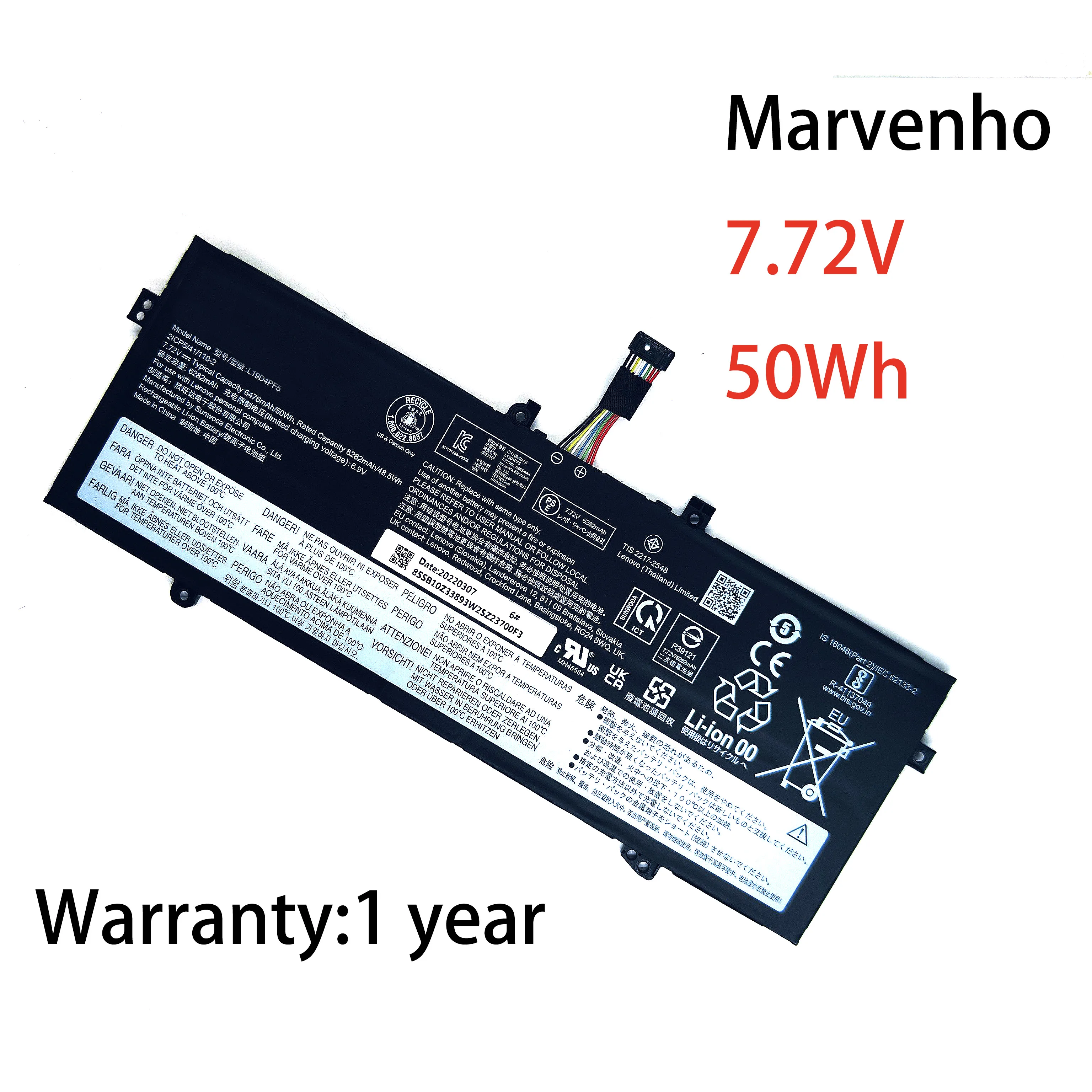 

Новая батарея Marvenho 50Wh 7.72V 6476mAh L19D4PF5 L19M4PF7 для Lenovo Yoga Slim 7i Carbon 13ITL5 13S 2021