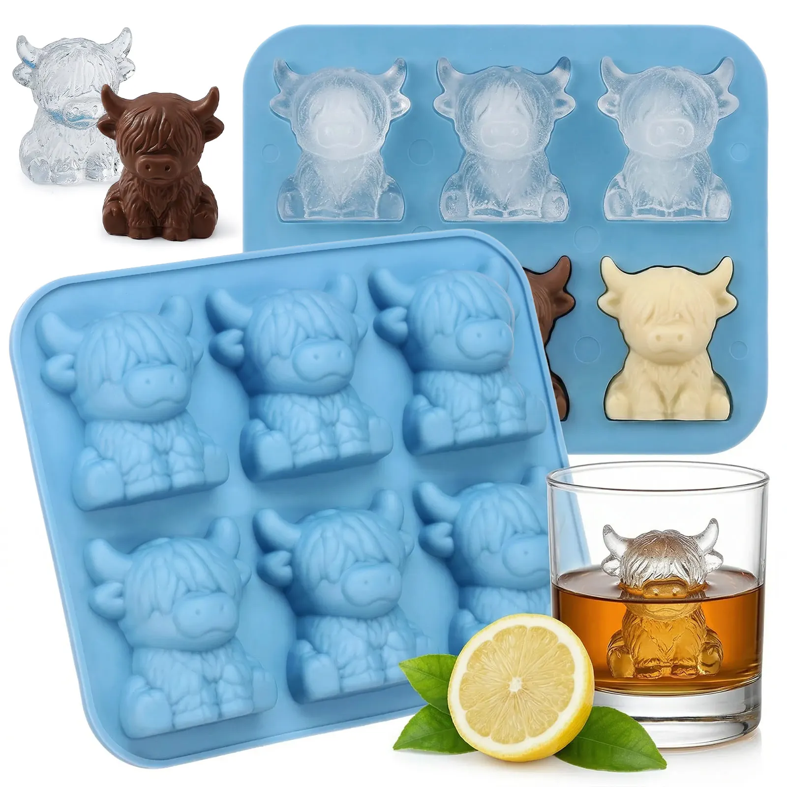 1/2 Stück Highland-Kuh Silikon-Eiswürfelform 6-Fach Wiederverwendbare Eiswürfelform 3D Highland-Kuh Eiswürfelbehälter für Whiskey Cocktails