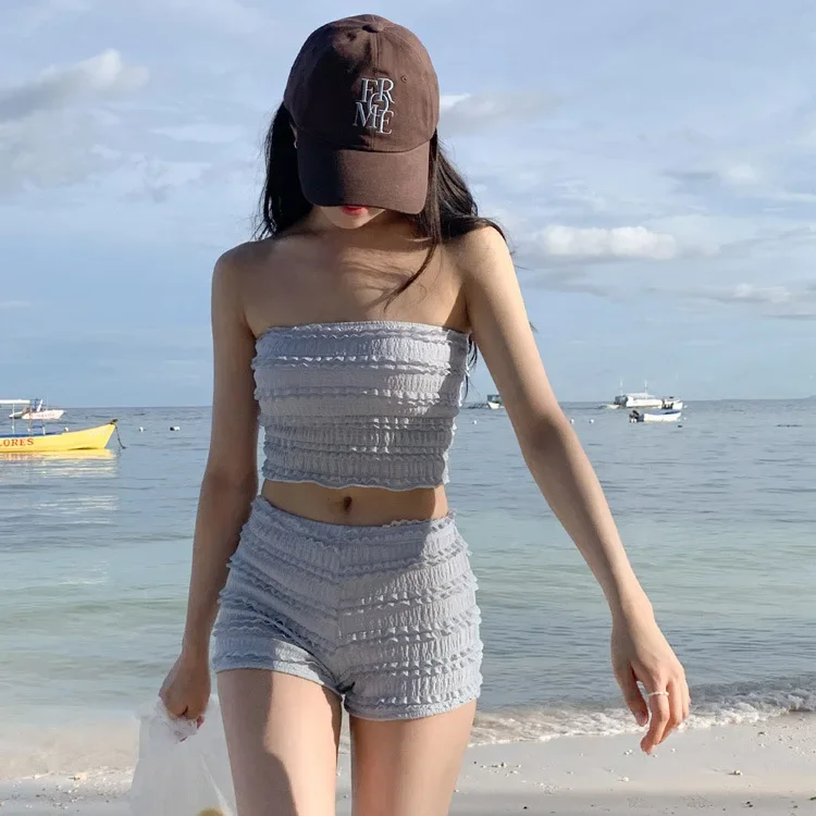 

Korean Style Bikini Set Short Pants Skirt Type Small Chest Thermal Spring Swimming Costume Sexy Blue Folded Swimsuit for Women