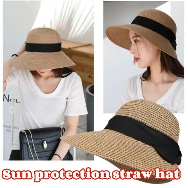 

Fashion Summer Straw Hat French Elegant Ladies Seaside Travel Sun Hat Bow Ribbon Flat Top Wide Brim Straw Hat