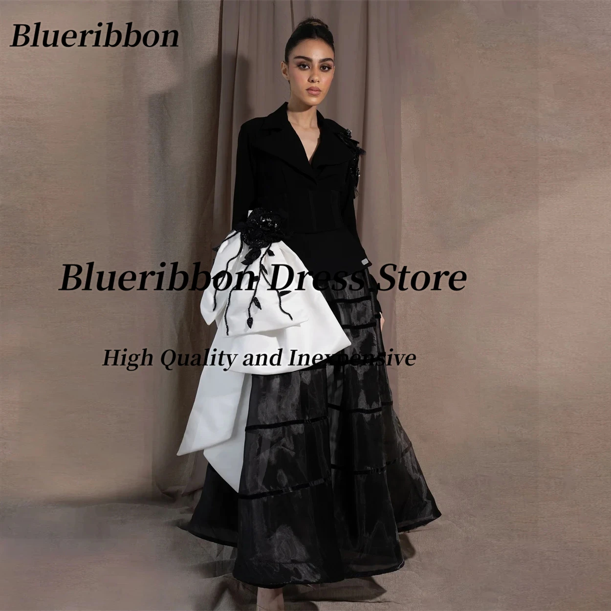

Blueribbon 2 шт. Черные платья для выпускного вечера с V-образным вырезом и длинными рукавами Вечерние платья с бисером и цветами с бантом Платье для особых случаев по индивидуальному заказу