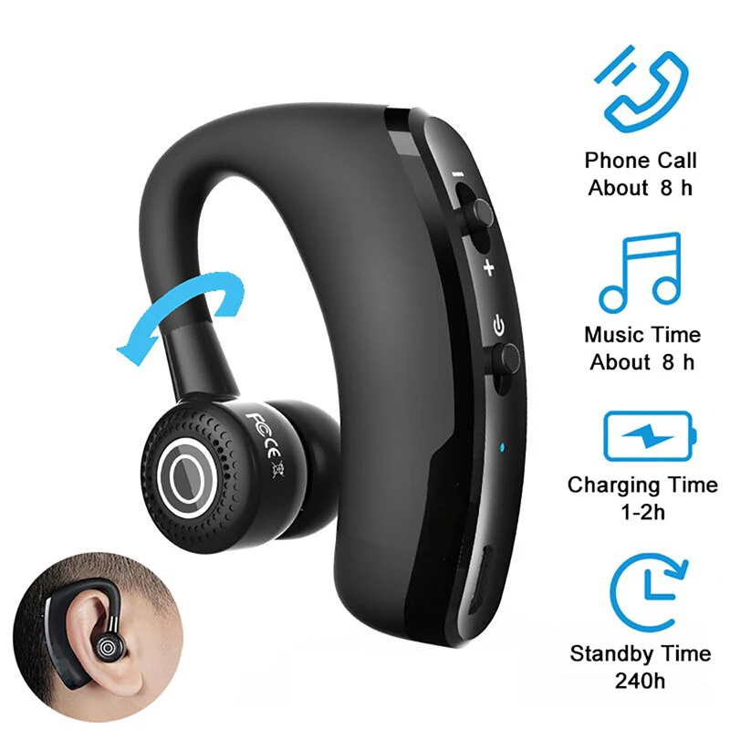 Wireless Earphones One Ear Bluetooth Headphones V9 TWS In-Ear EarHooks HiFi Mini Handsfree Car Calls Headset With Microphone