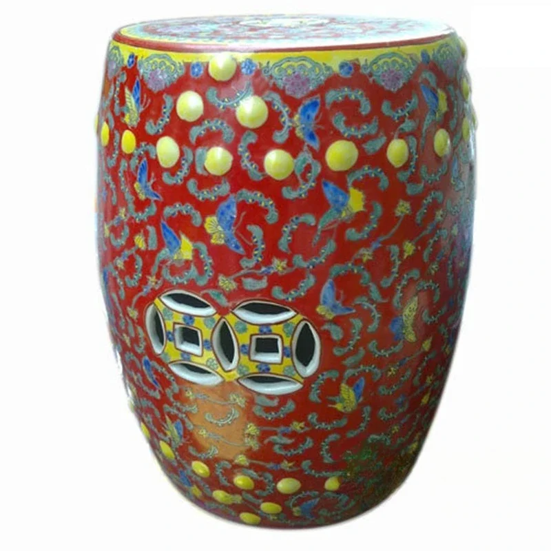 Ceramic painted red green yellow blue butterfly pattern drum stool porcelain stool antique dressing stool embroidered pier
