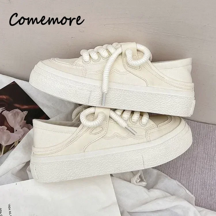 Lace-up Vulcanized Shoes Autumn Women's White Canvas Sneaker Students Round Toe Flat Casual Outdoor Running Zapatillas