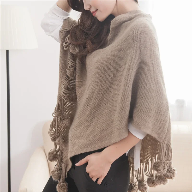 Korean Version Of Spring Autumn Women Shawl Hanging Ball Solid Color Knitted Hanging Ball Cloak Lady Coat Leisure Khaki