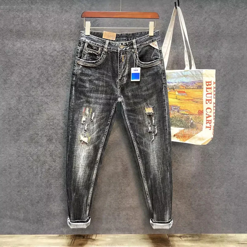 Pantalones vaqueros rasgados para Hombre, Jeans de diseñador de moda, alta calidad, Retro, negro, gris, elásticos, ajustados, bordados, Vintage